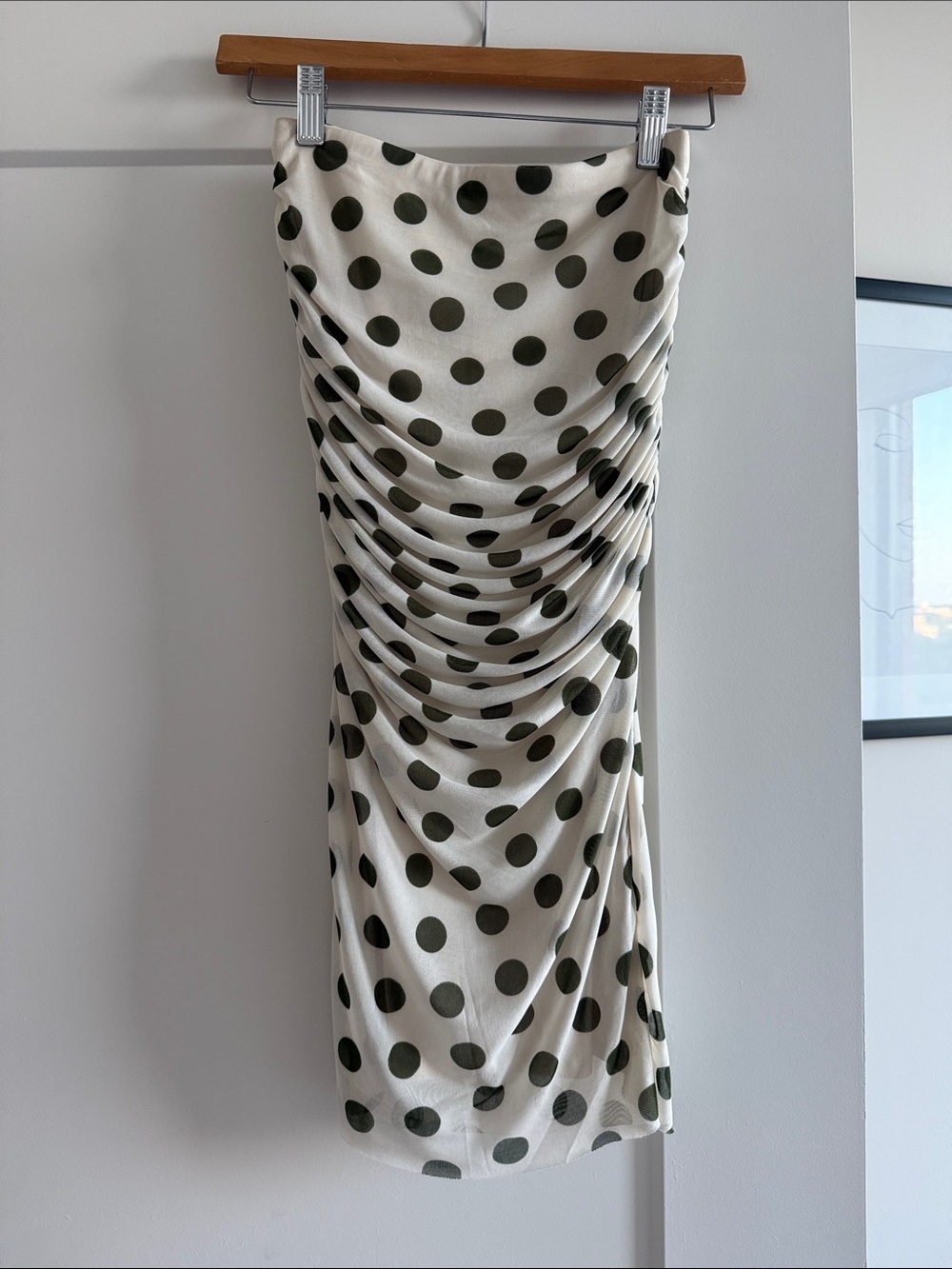 AFRM Strapless Ruched Midi Dress in Cream with Olive Polka Dots